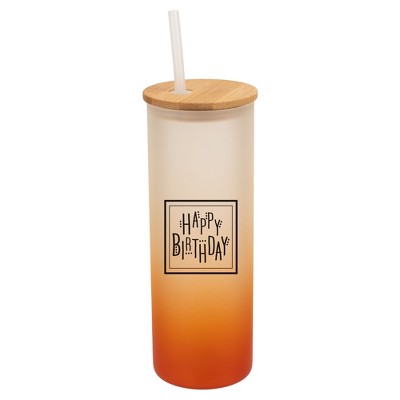 Elanze Designs Happy Birthday Polka Dots Wrap-Around Design 25 Ounce Frosted Gradient Glass On-The-Go Coffee Travel Skinny Tumbler Mug Cup, Bamboo Lid