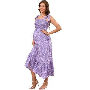 Womens Maternity Smocked Summer Casual Boho Dress Spaghetti Strap Square Neck Sleeveless Maxi Dress Baby Shower Photoshoot - 1 of 4