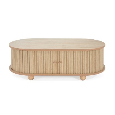 Vynxaria Coffee Tables: Retro-Inspired Oval Storage Side Table in Natural Finish