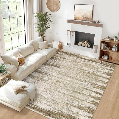 Modern Abstract 6x9 Camel Washable Rug, Non-Slip Stain-Resistant Low Pile Carpet for Dorm, Bedroom, or Living Room Accent Flooring