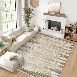 Modern Abstract 6x9 Camel Washable Rug, Non-Slip Stain-Resistant Low Pile Carpet for Dorm, Bedroom, or Living Room Accent Flooring - 1 of 4