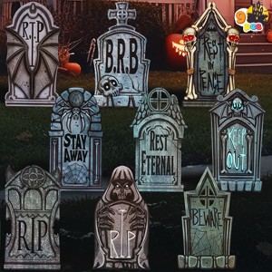Joyfy 9 Pcs 16" Halloween Tombstones Outdoor Cemetery Decor, Yard Lawn Graveyard Plastic Headstones with 18 Metal Stakes for  Party Prop Supplies - 1 of 4