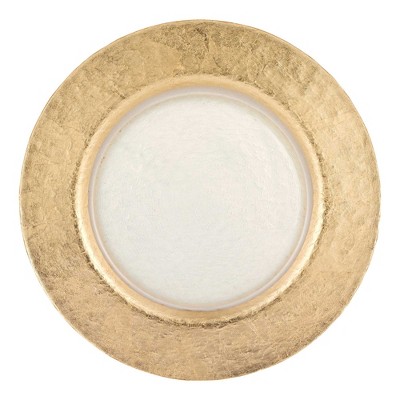 HomeRoots 13" Clear And Gold Round Glass Handmade Charger Plate