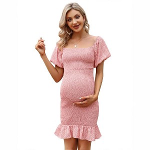 KOJOOIN Women's Maternity Square Neck Puff Sleeve Off Shoulder Smocked Ruffle Hem Maternity Summer Dress(pink ,XXL) - 1 of 3