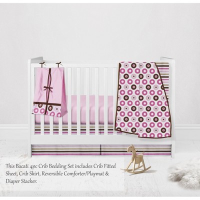 Bacati - Mod Dots Stripes Pink Fuschia Beige Chocolate 4 pc Crib Bedding Set with Diaper Caddy