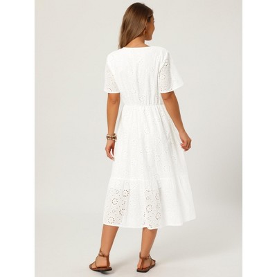 Женские платья INSPIRE CHIC Women's Lace Eyelet Summer V Neck Short Flutter Sleeve Flowy Beach A Line Midi Dress X-Large White — фото 5