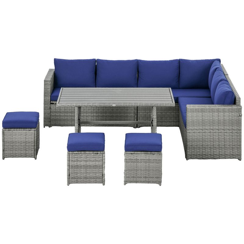 Outsunny 7 Piece Patio Furniture Set, Outdoor L-Shaped Sectional Sofa with 3 Loveseats, 3 Ottoman Chairs, Dining Table, Cushions, Storage, Dark Blue, 4 of 7