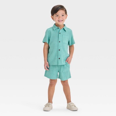 Toddler Boys' Seersucker Short Sleeve Button-Up and Pull-On Shorts Set - Cat & Jack™ Coral Orange