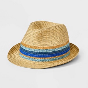 Boys' Striped Paper Straw Fedora Hat - Cat & Jack™️ Blue/Tan: Lightweight Woven Unlined UPF 50+ - 1 of 3