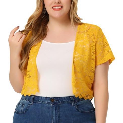 Agnes Orinda Women's Plus Size Shrug Lace Allover Open Front Short Sleeve  Crop Bolero Cardigan Yellow 2x : Target