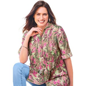 Woman Within Plus Size Pintucked Button Down Gauze Shirt - 1 of 4