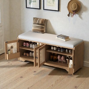 Mshliw Rustic Storage Bench with Removable Cushion, Wooden Entryway Shoe Bench with Woven Rattan Doors & Adjustable Shelves for Hallway - 1 of 4