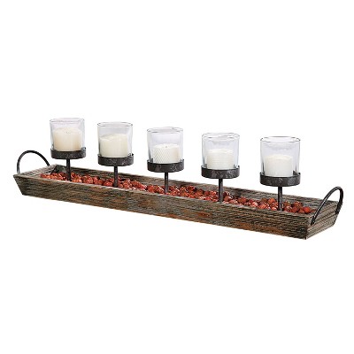 Rustic Wood and Metal Votive Candle Holder Tray