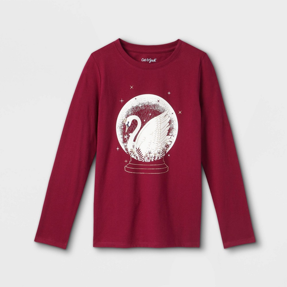 Size Large Plus Girls' 'Swan Snow Globe' Long Sleeve Graphic T-Shirt - Cat & Jack Berry Red L Plus
