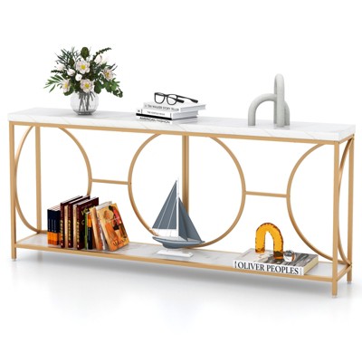 Tangkula 2-Tier Console Table 71” Extra-long Sofa Table with Storage Shelf Faux Marble Top Geometric Frame
