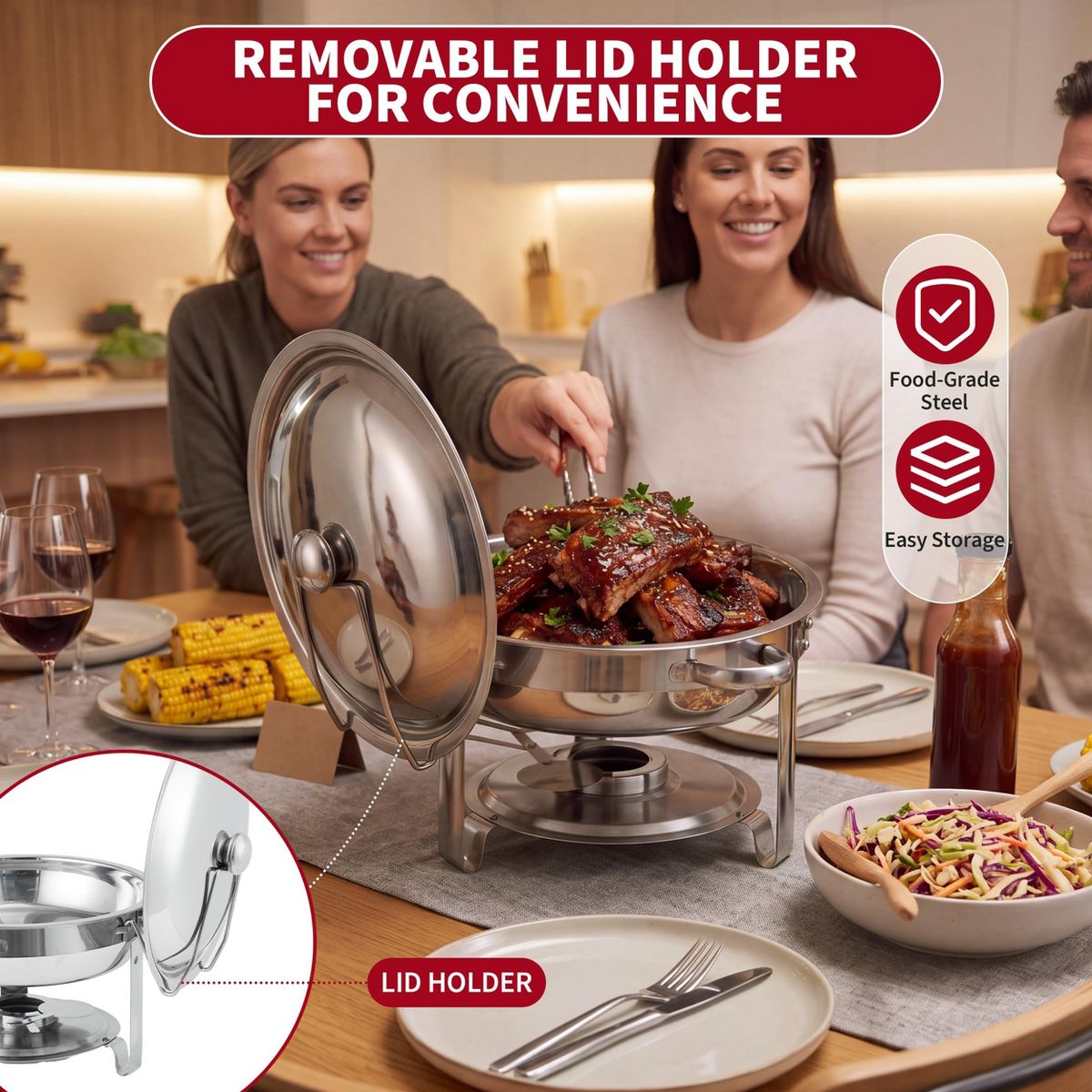 2-Pack Round Chafing Dish Buffet Set, Stackable Stainless Steel Food Warmer with Lid & Water Pan for Catering, Weddings, Parties, Hot & Cold - thumbnail 2