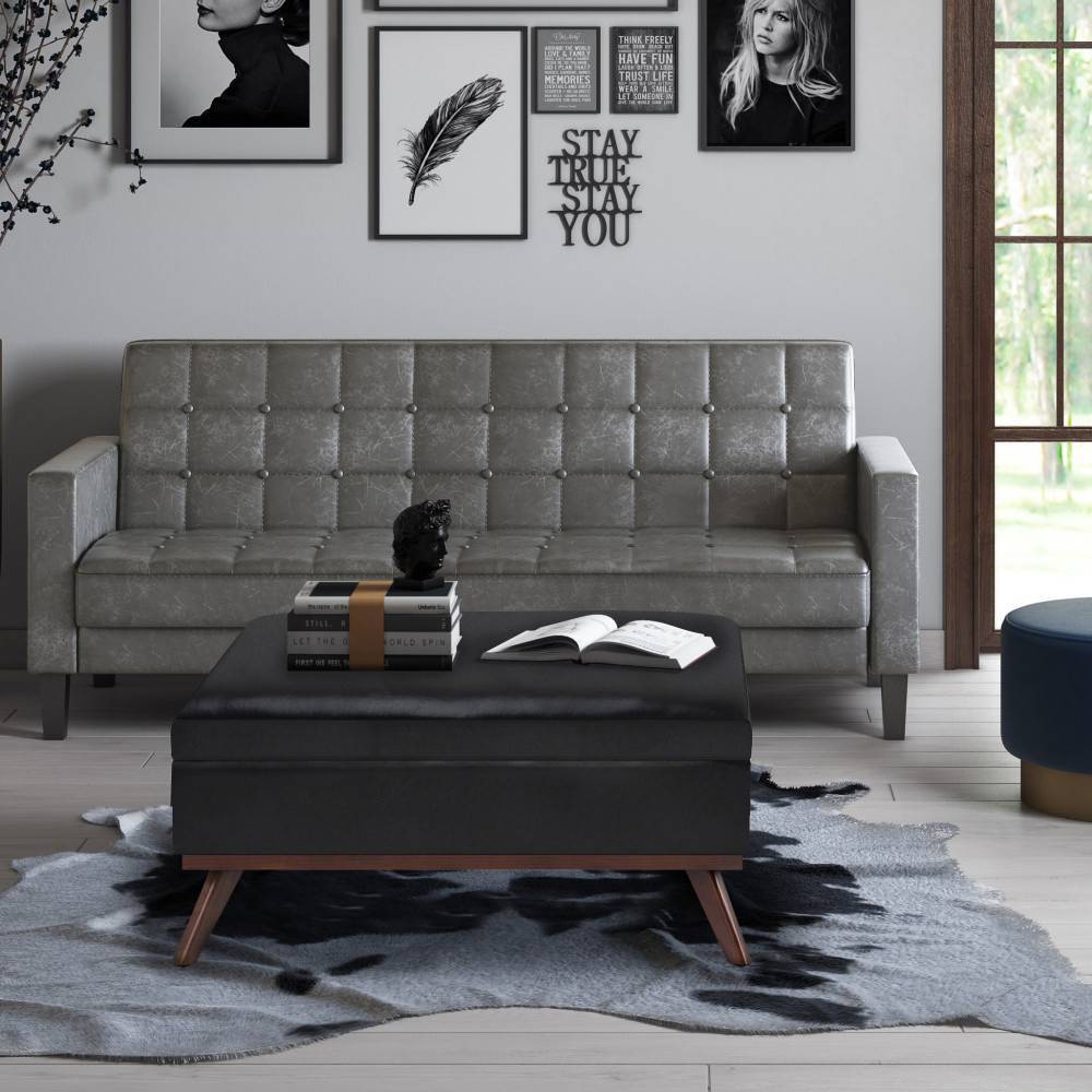 Photos - Pouffe / Bench 36" Ethan Coffee Table Storage Ottoman and benches Midnight Black - WyndenHall: Mid Century Modern, Leather Upholstered, Woo