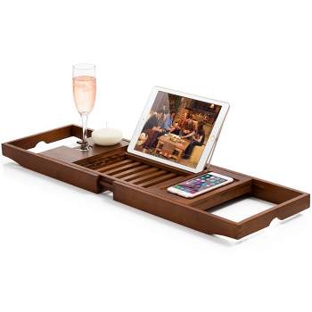 Cintbllter Ala Teak Wood Luxury Bathtub Caddy Tray with Extendable Sides and Bed Tray, Reading Rack, Tablet Holder