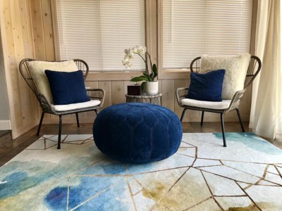 Blue Floral Oversized Round Pouf Ottoman with White Stitching