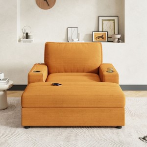 Kumasinova 42.8" Chaise Lounge Chair,Corduroy Sleeper Sofa with Storage Ottoman,Cup Holders,USB Port,Upholstered Single Sofa for Living Room - 1 of 4