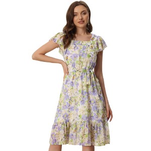 Allegra K Women's Floral Chiffon Flutter Sleeve Belted Square Neck Ruffled Hem Dress - 1 of 4