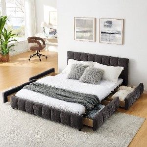 CAVINAS Upholstered Bed Frame, Comfortable Chenille Fabric Bed with Headboards and Solid Bed Frame, Platform Bed with 4 Drawer for Storage - 1 of 4