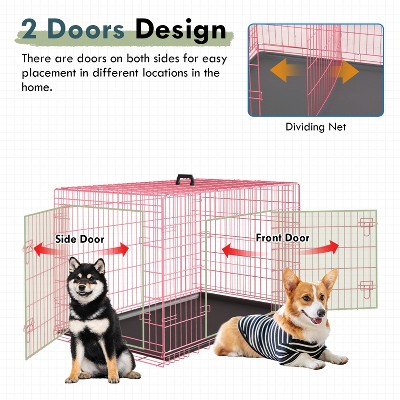36 Inch Pink Metal Dog Crate with Double Door and Tray