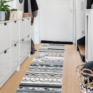 2x6 FT Vintage Patchwork Runner Rug,Washable Grey Non-Slip Geometric Carpet, Stain-Resistant Indigenous Soft Low-Pile Foldable Floor Mat - 1 of 4