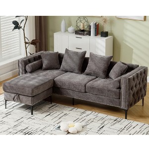 L Shaped Sectional Sofa , Convertible Storage Ottoman,Chenille ,Square Arm, Modern Tufted Couch ,3 Seater, And Nailhead, Dark gray - 1 of 1