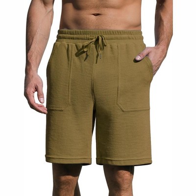 Men's Shorts with Pocket Casual Lounge Shorts Pants Summer Waffle Shorts Drawstring Elastic Waist Running Shorts - Olive Green 2XL