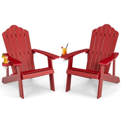 Tangkula 2PCS Adirondack Chair HIPS Adirondack Chair w/Cup Holder Realistic Wood Grain Weather Resistant Outdoor Chair for  380 LBS Weight Capacity Black/Navy/White/Teak/Dark Green/Red/Light Grey/Yellow