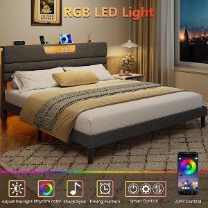 King Size Bed Frames with Upholstered Headboard Bed with Charging Station and Led Lights Bed Frame with Sturdy Wooden Slats/2-Tier Storage - 1 of 4