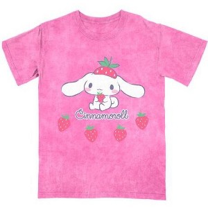 Cinnamoroll Strawberries Women’s Pink Mineral Wash Crew Neck Short Sleeve T-shirt - 1 of 1