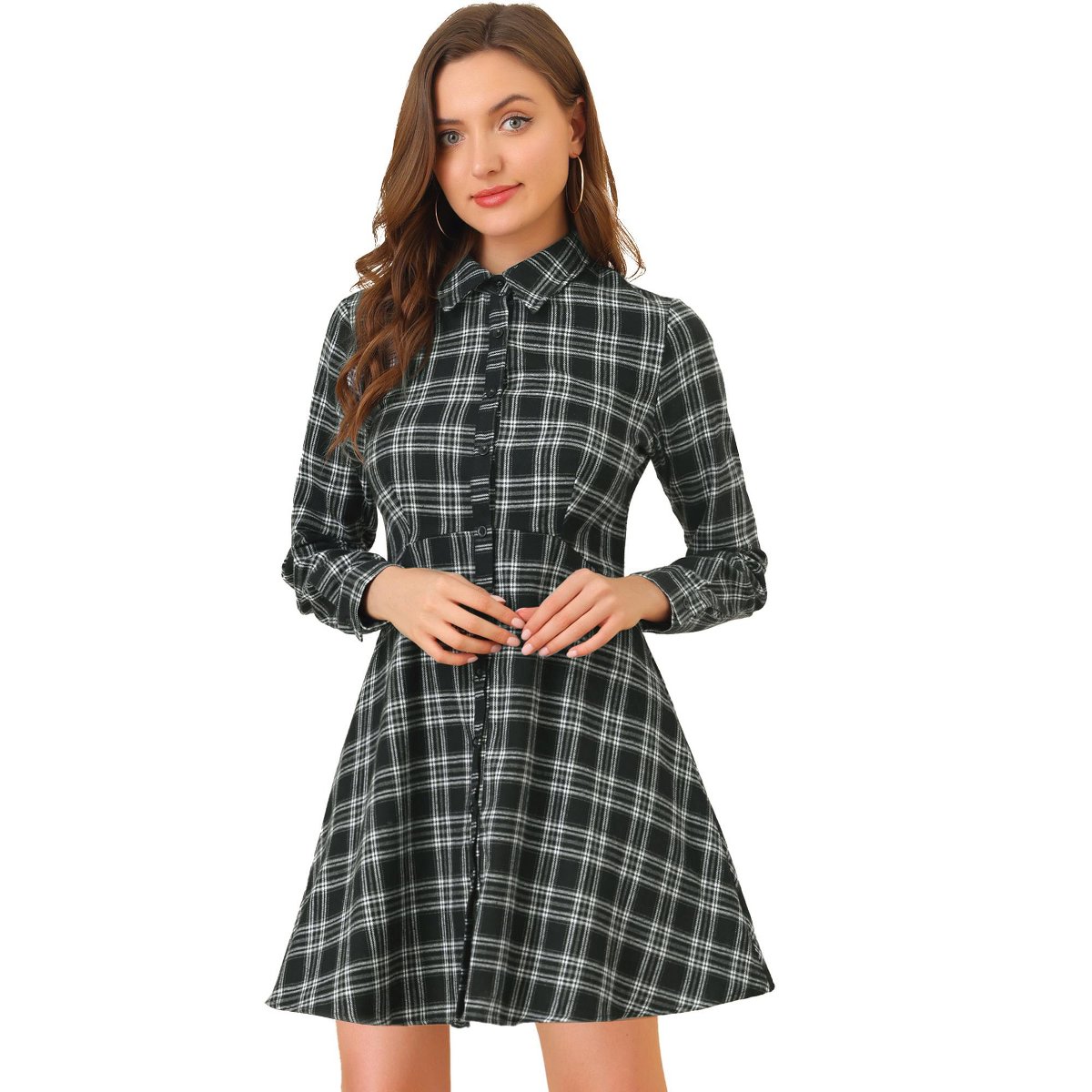 Женские платья INSPIRE CHIC Women's Plaid Button Down Cotton Mini A-Line Shirt Dress Black Medium — фото 5