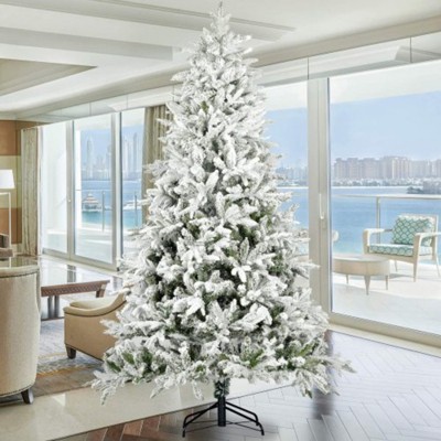 Maggift Artificial Plant Artificial Snow Flocked Christmas Tree 7ft Artificial Hinged Pine Tree with White Realistic Tips Unlit, Green, 55"*55"*84"
