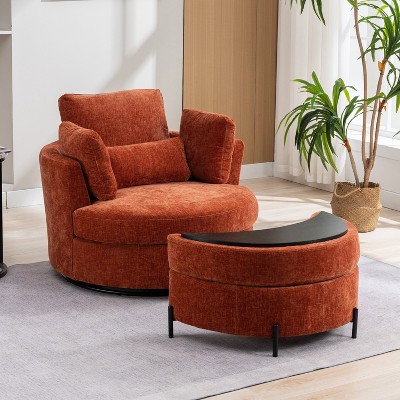 Hrinhom 42"W Chenille Upholstered Swivel Accent Chair with Pillows and Half-Moon Storage Ottoman