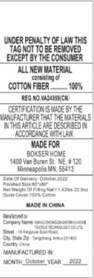 Bokser Home 100% cotton quilted mattress pads Label