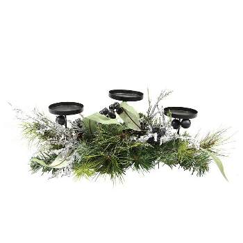Northlight 22" Mixed Pine with Blueberries, Pine Cones and Ice Twigs Christmas Candle Holder Centerpiece - Green/Silver