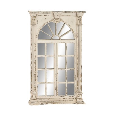 Wood Window Panes Inspired Wall Mirror with Arched Top and Distressing Cream - Olivia & May: Vintage Style, No Assembly Required