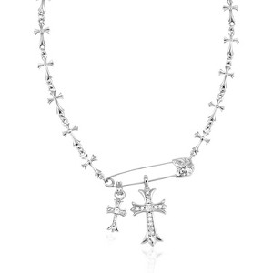 Y2K Silver Cross Necklace | Safety Pin & CZ Gothic Pendant Unisex Punk Chain - 1 of 4