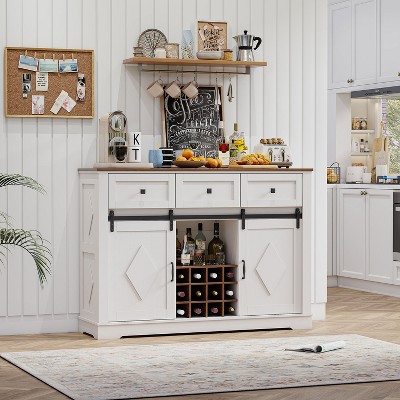 KTMBDW Farmhouse Sideboard Buffet Cabinet with 3 Drawer, Coffee Bar Storage with 2 Sliding Barn Doors and Shelf for Dining Room, Living Room, White