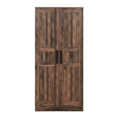Vynxaria 2-Door Wooden Wardrobe Armoire with LED Lighting and 4 Storage Shelves - Stylish Brown Storage for Your Bedroom