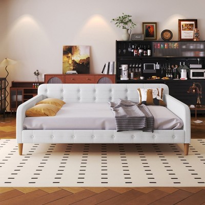 1pc Upholstered Daybed Frame, Linen Fabric Couch Bed with Armrests and Support Legs, No Box Spring Needed - Baofuwish