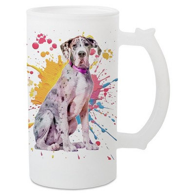 100 North Freezable Beer Stein Mug With Thumb Grip Handle, 16 Ounce Frosted Glass, Great Dane Dog Paint Splatter