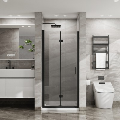 VYNXARIA 34"x 72" Bifold Frameless Glass Shower Door Combo w/ White Acrylic Shower Base, 1/4 inch Tempered Clear Glass in Black Aluminum Finish