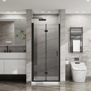 VYNXARIA 34"x 72" Bifold Frameless Glass Shower Door Combo w/ White Acrylic Shower Base, 1/4 inch Tempered Clear Glass in Black Aluminum Finish - 1 of 4