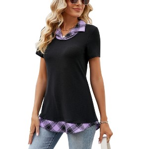 YESFASHION Women's Short Sleeve Contrast Collared Shirts Patchwork Work Blouse Tunics Tops - 1 of 4