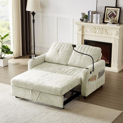 Chenille Pull-out Sofa,Couch With Adjustable Backrest,2 Cup Holders,Phone Holder,3 Charging Ports And Side Storage Pockets-Maison Boucle