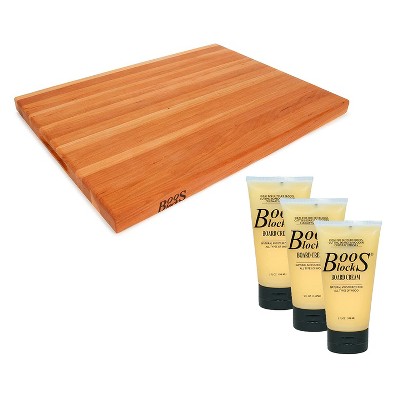 John Boos Reversible 20 x 15" Cherry Wood Cutting Board Block w/ Handles, Bundle w/ 3 Pack of 5 Ounce John Boos Wooden Butcher Block Moisture Cream
