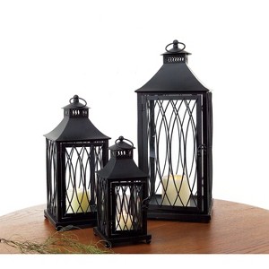 Black Metal Lanterns Set – 11.5", 16", 24" Height – Glass Paneled for Candles or Decor By Melrose - 1 of 3